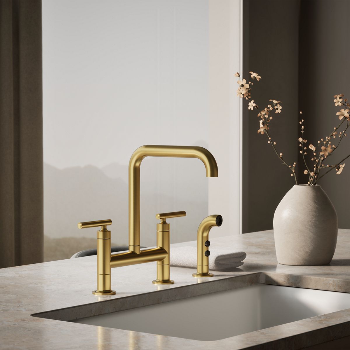 Purist® Two-hole bridge kitchen sink faucet with side sprayer