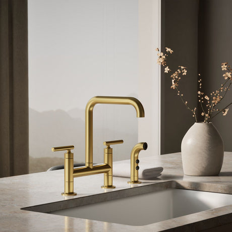 Purist® Two-hole bridge kitchen sink faucet with side sprayer