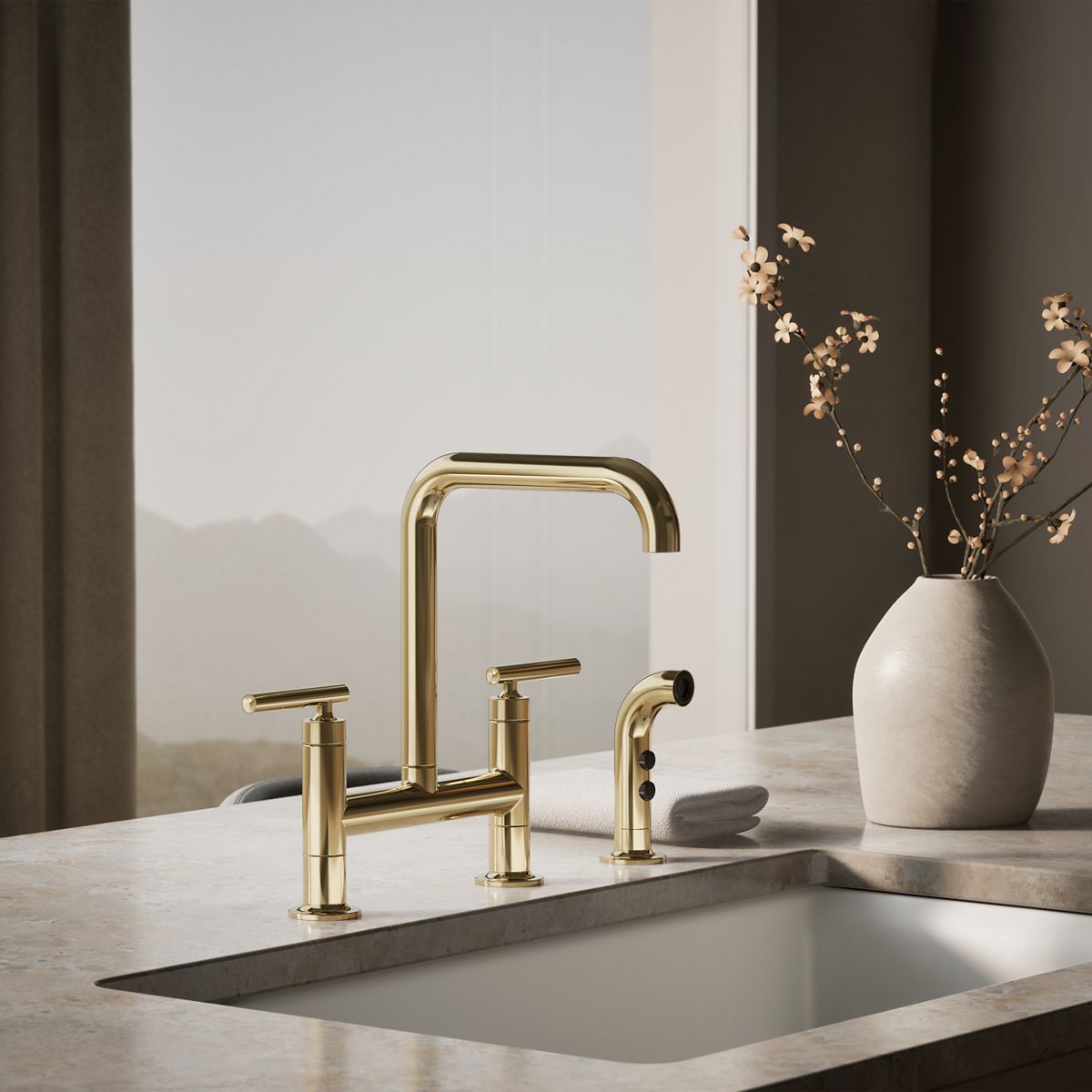 Purist® Two-hole bridge kitchen sink faucet with side sprayer