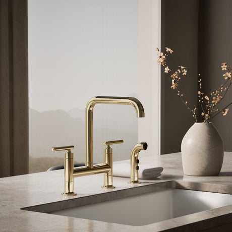 Purist® Two-hole bridge kitchen sink faucet with side sprayer