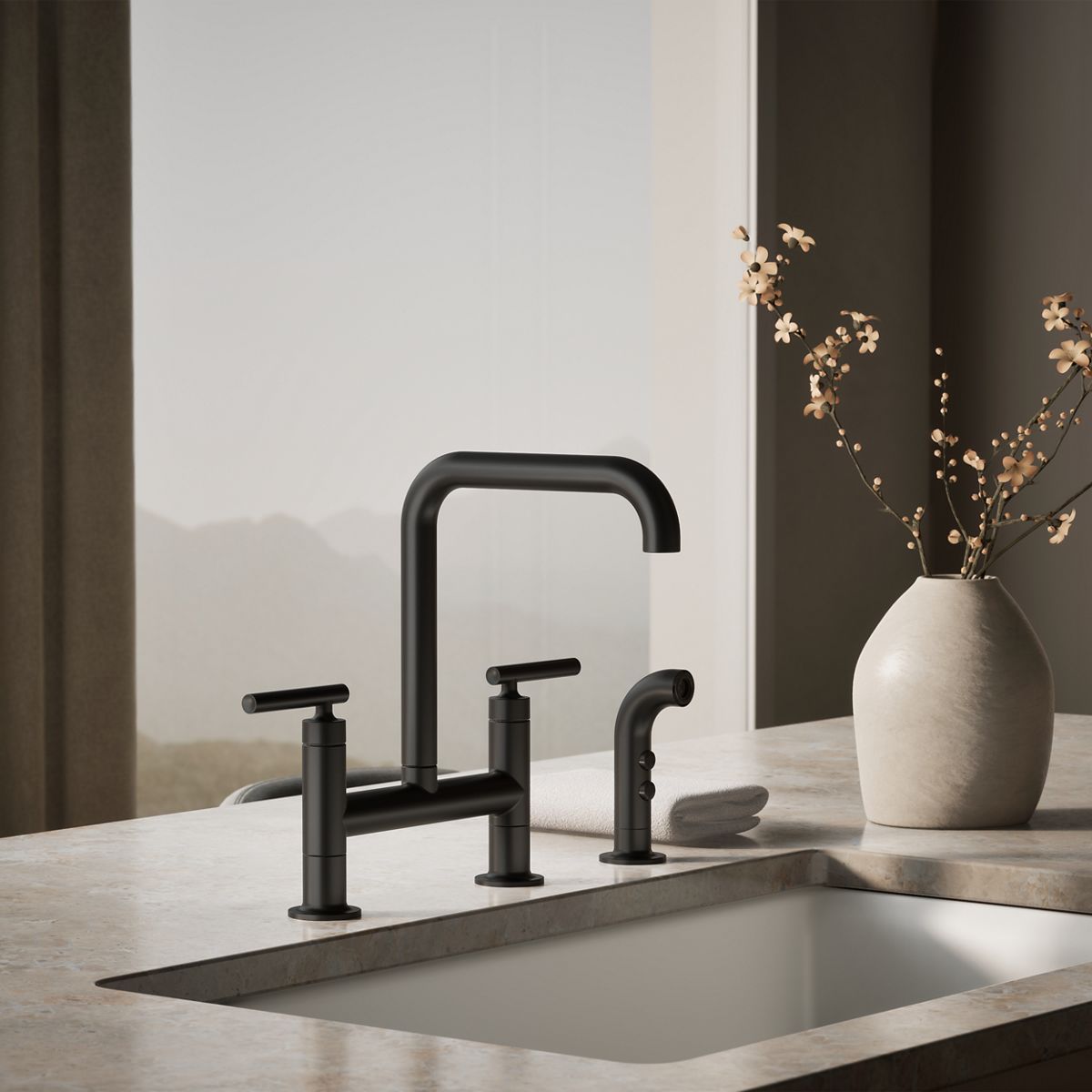 Purist® Two-hole bridge kitchen sink faucet with side sprayer