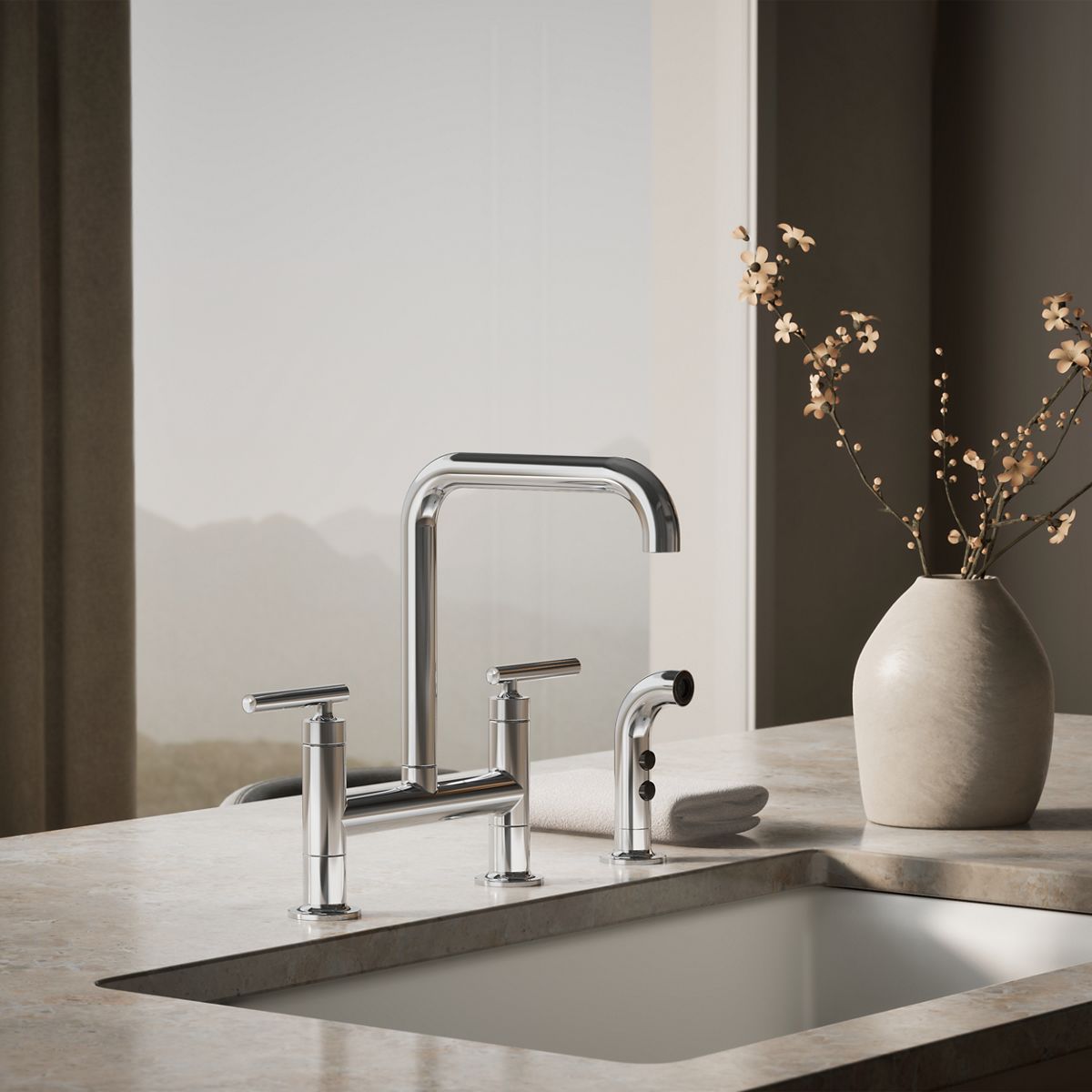 Purist® Two-hole bridge kitchen sink faucet with side sprayer