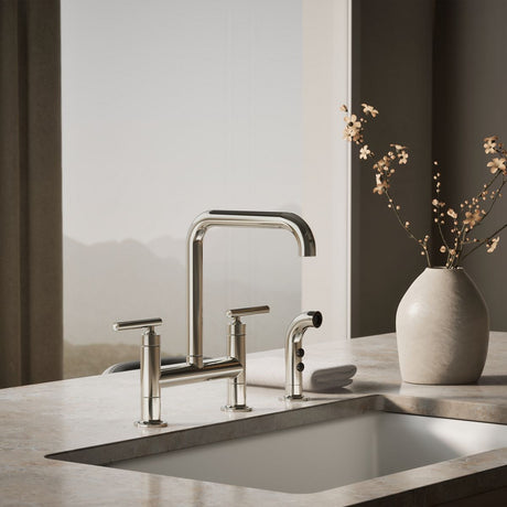 Purist® Two-hole bridge kitchen sink faucet with side sprayer