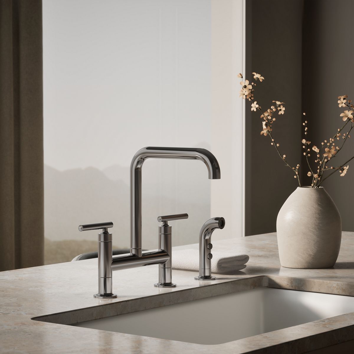 Purist® Two-hole bridge kitchen sink faucet with side sprayer