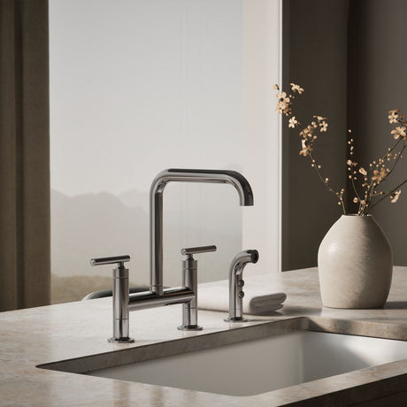 Purist® Two-hole bridge kitchen sink faucet with side sprayer