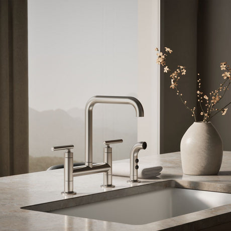 Purist® Two-hole bridge kitchen sink faucet with side sprayer