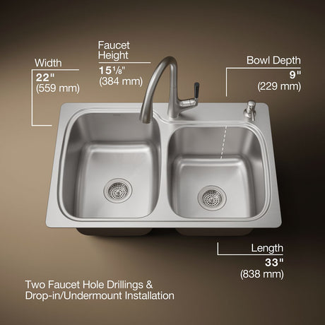 All-In-One 33" top-/undermount double-bowl kitchen sink