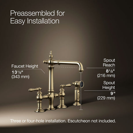 Artifacts® Three-hole bridge kitchen sink faucet with side sprayer