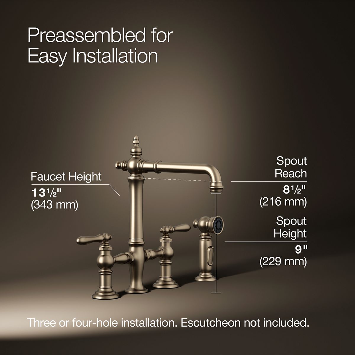 Artifacts® Three-hole bridge kitchen sink faucet with side sprayer