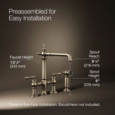 Artifacts® Three-hole bridge kitchen sink faucet with side sprayer