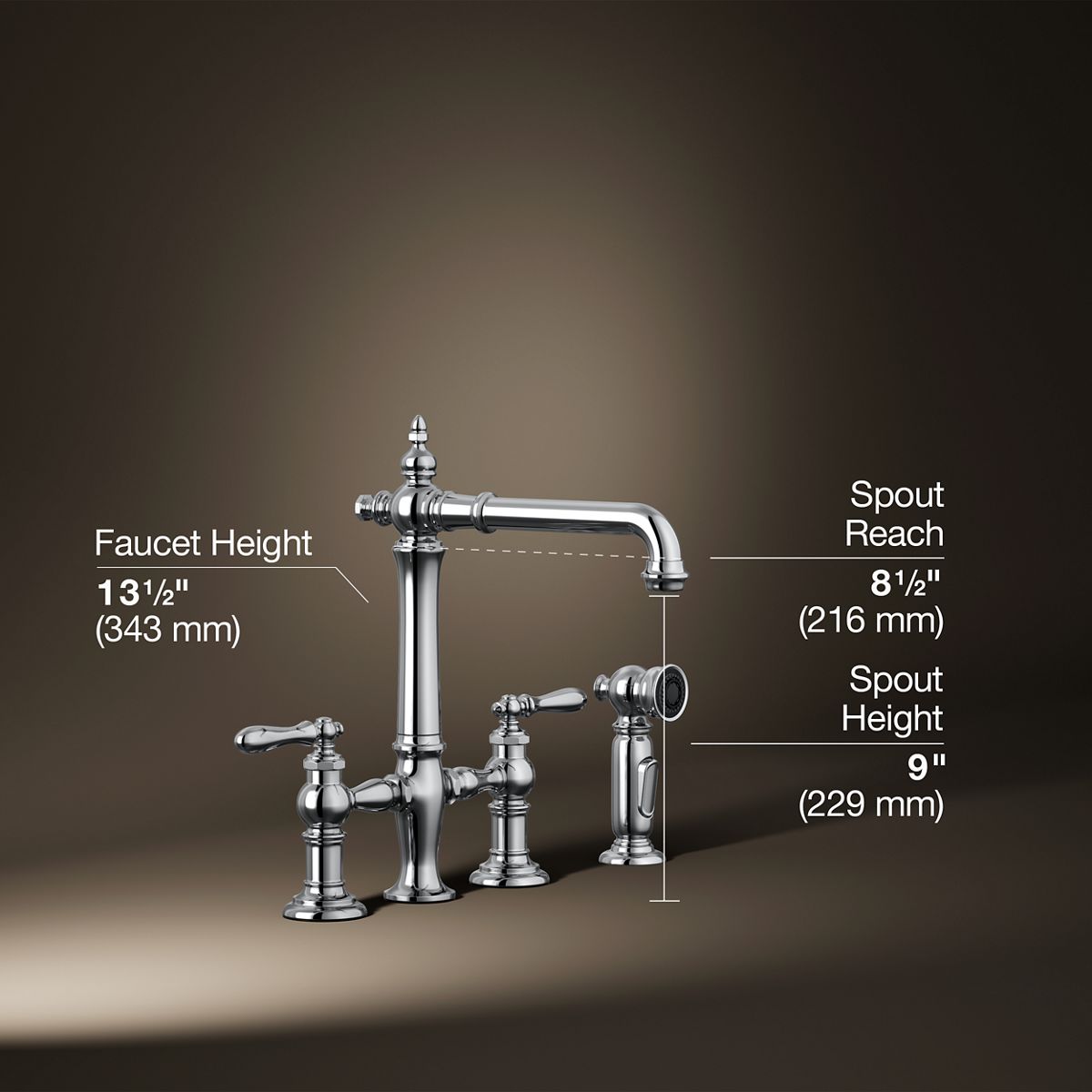 Artifacts® Three-hole bridge kitchen sink faucet with side sprayer