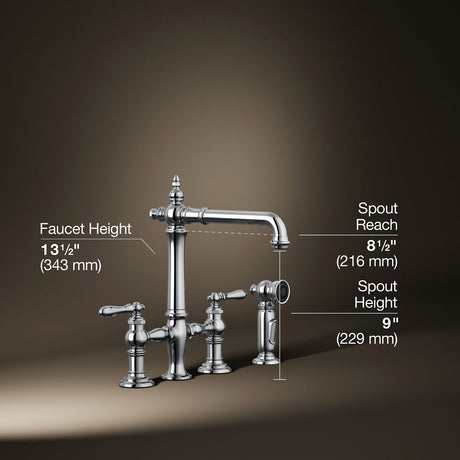 Artifacts® Three-hole bridge kitchen sink faucet with side sprayer