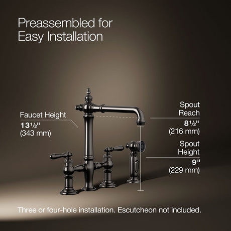 Artifacts® Three-hole bridge kitchen sink faucet with side sprayer