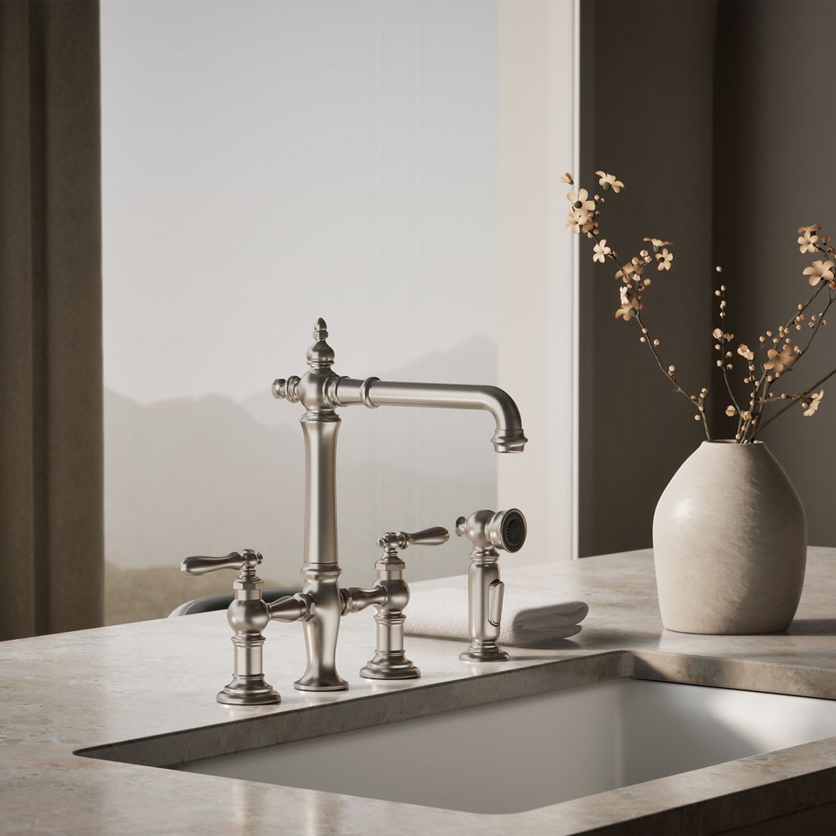 Artifacts® Three-hole bridge kitchen sink faucet with side sprayer