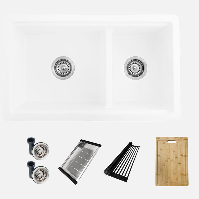 Dual Mount 30 Inch Composite Granite Double Bowl Workstation Kitchen Sink With Cutting Board