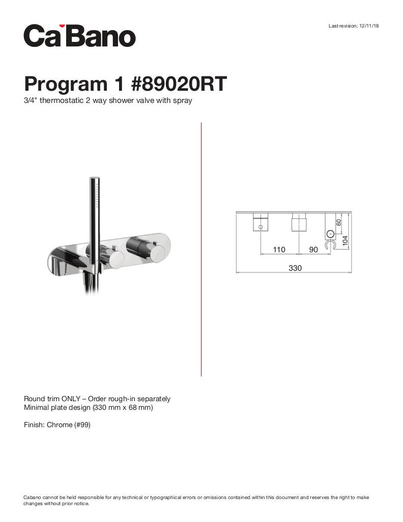 3/4" thermostatic 2-way shower valve with hand shower - TRIM ONLY