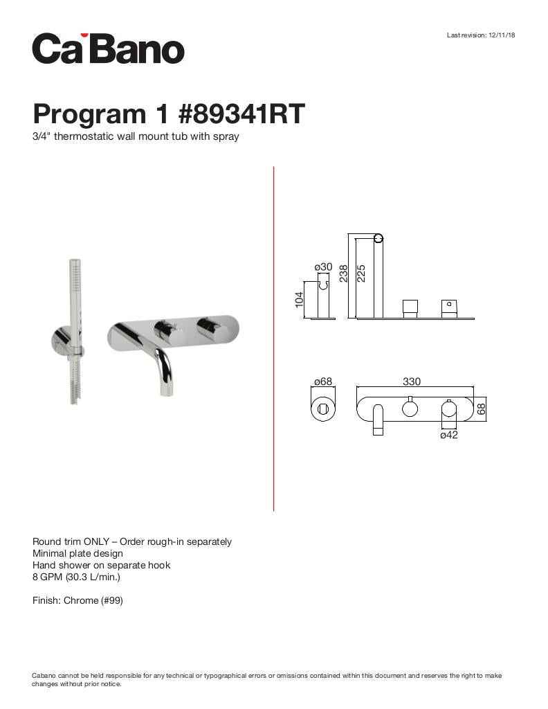 3/4" thermostatic wall mount tub fller with hand shower - TRIM ONLY
