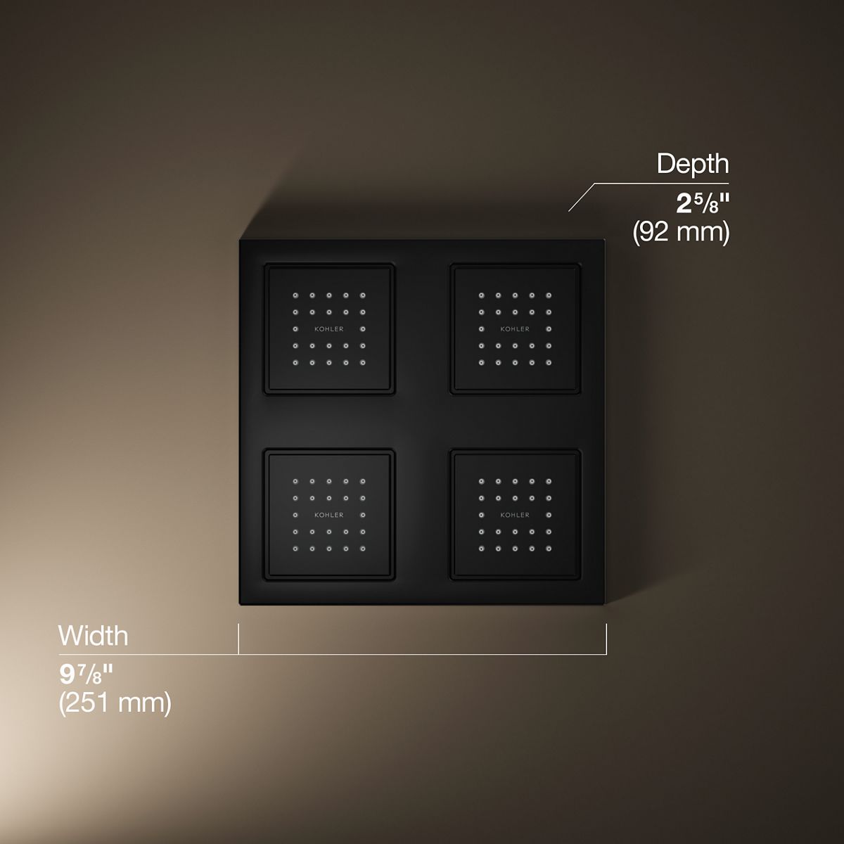 WaterTile® Rain Overhead shower panel with four 22-nozzle sprayheads