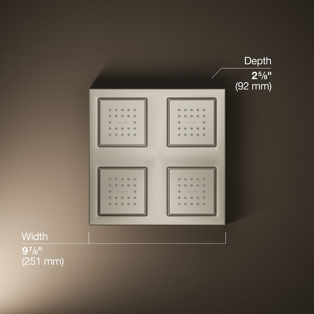 WaterTile® Rain Overhead shower panel with four 22-nozzle sprayheads