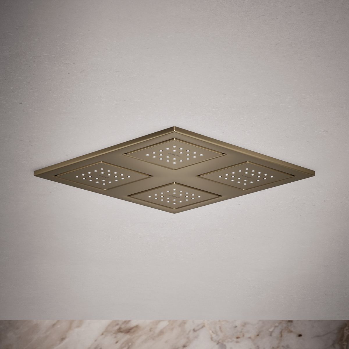 WaterTile® Rain Overhead shower panel with four 22-nozzle sprayheads