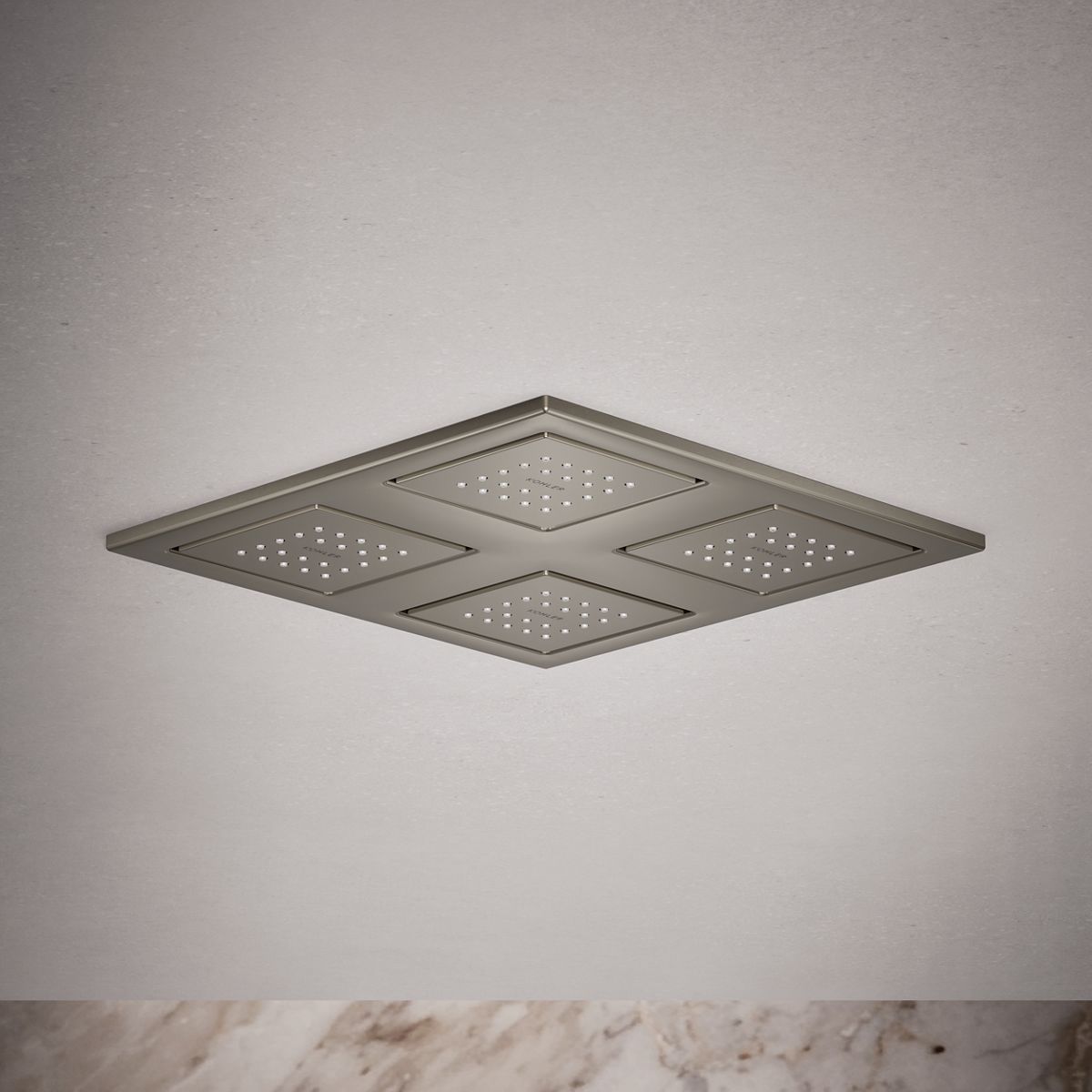WaterTile® Rain Overhead shower panel with four 22-nozzle sprayheads