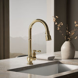 Artifacts® Pull-down kitchen sink faucet with three-function sprayhead