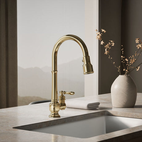 Artifacts® Pull-down kitchen sink faucet with three-function sprayhead