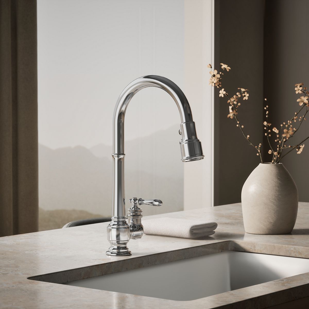 Artifacts® Pull-down kitchen sink faucet with three-function sprayhead