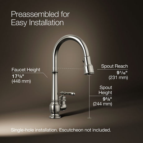 Artifacts® Pull-down kitchen sink faucet with three-function sprayhead
