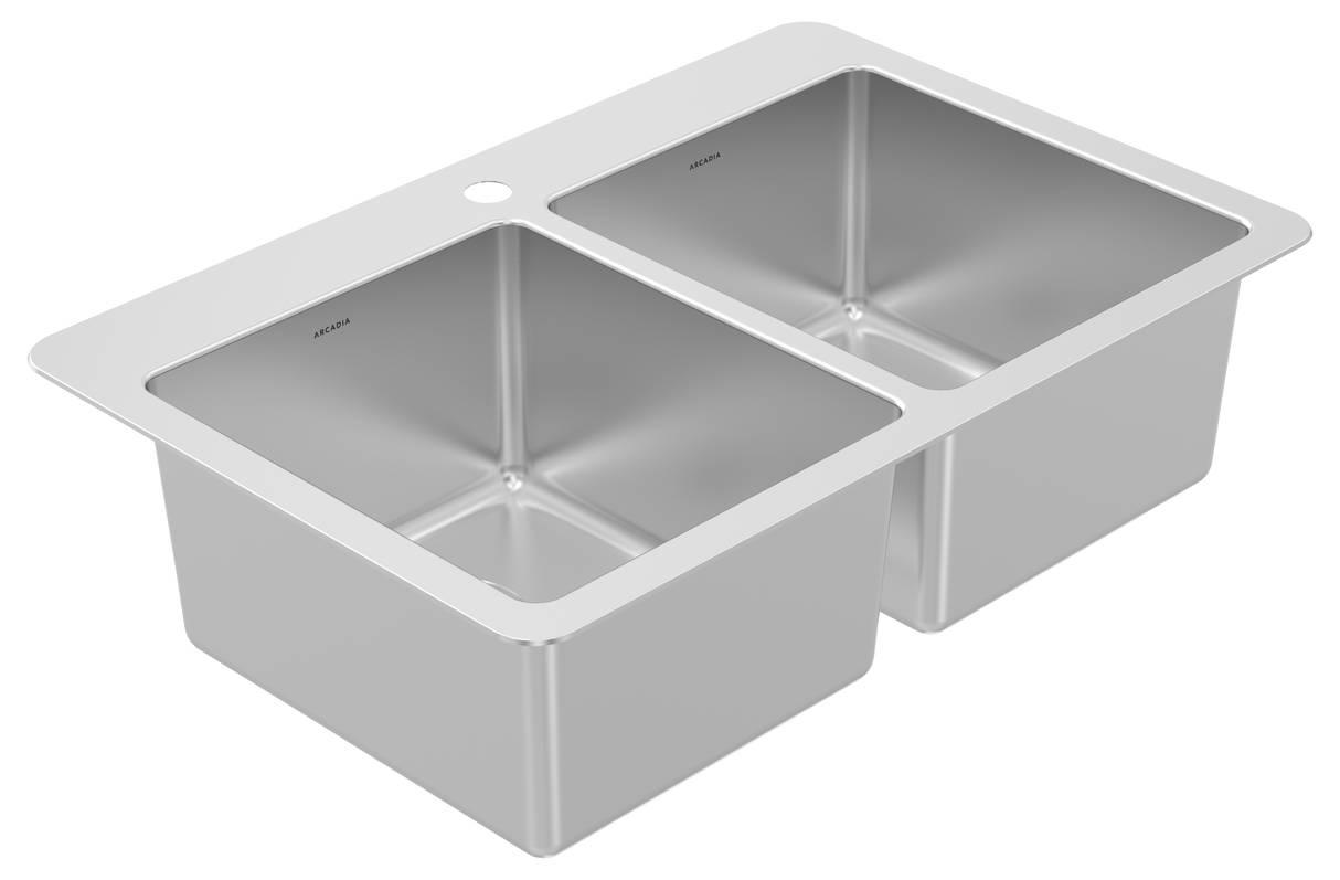 Arcadia T 33" 50/50 Double Sink-TM Tap Ledge, 16 Gauge, R20, Single Box