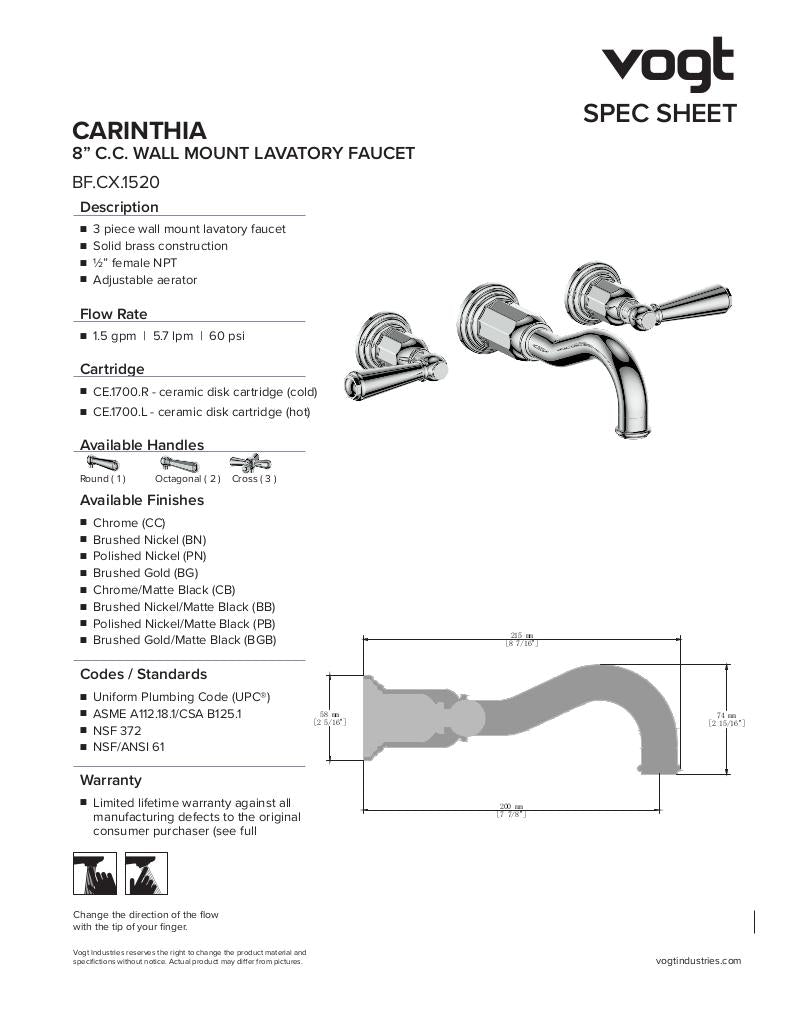 CARINTHIA 8" C.C. WALL MOUNT LAVATORY FAUCET