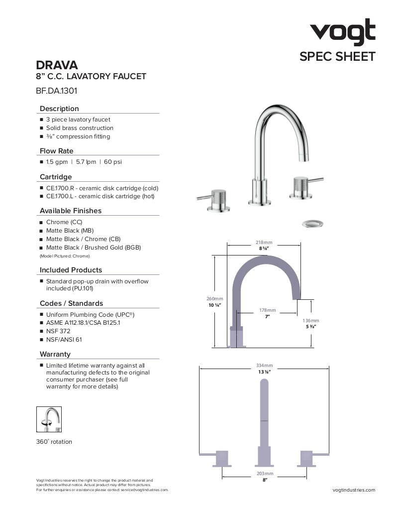 DRAVA 8" C.C. LAVATORY FAUCET WITH POP-UP DRAIN