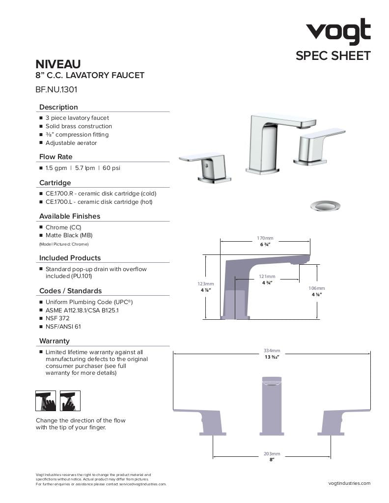 NIVEAU 8" C.C. LAVATORY FAUCET WITH POP-UP DRAIN