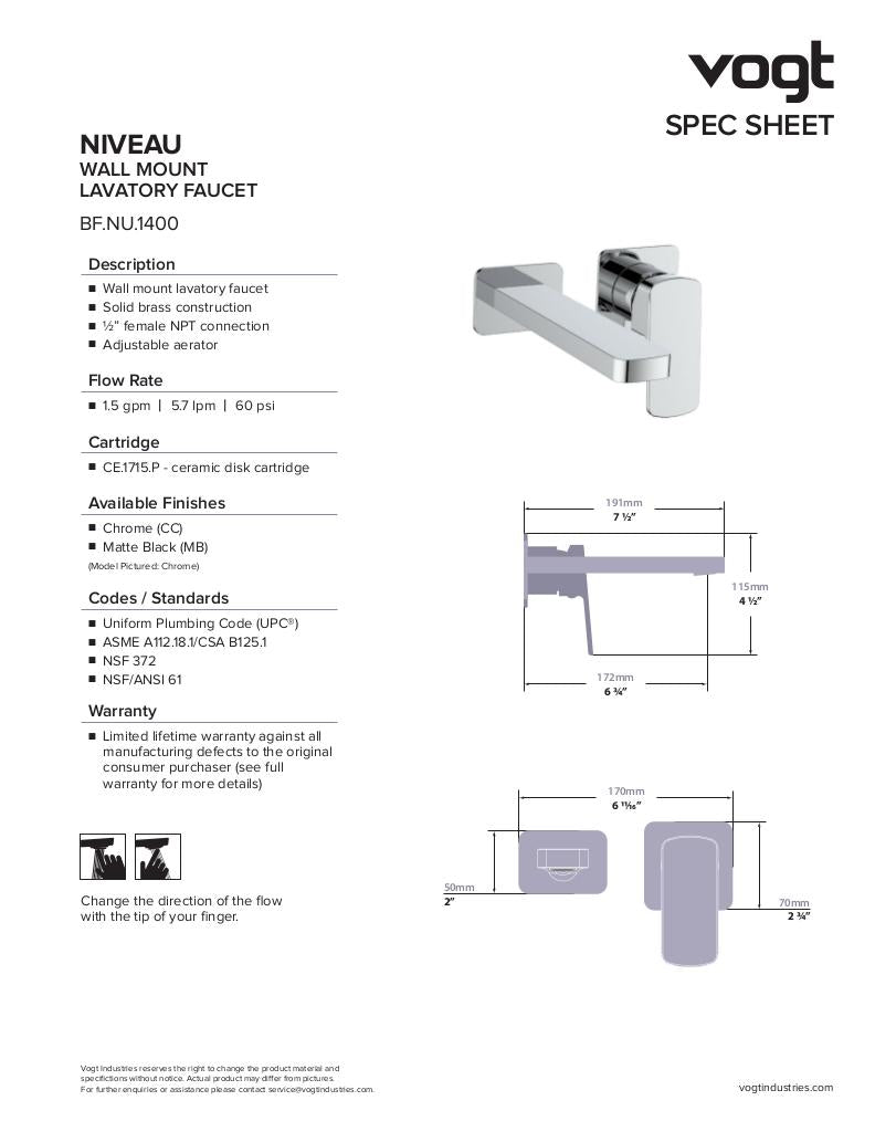 NIVEAU WALL MOUNT LAVATORY FAUCET
