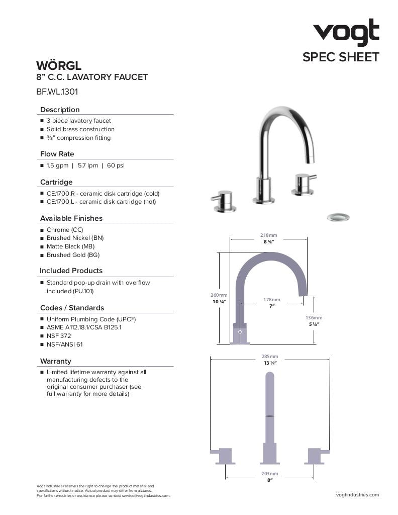 WORGL 8" C.C. FAUCET WITH POP-UP