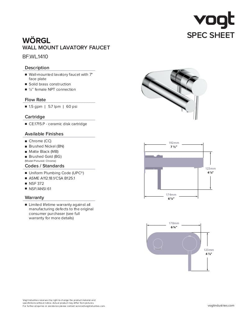 WORGL WALL MOUNT LAVATORY FAUCET WITH SINGLE PLATE