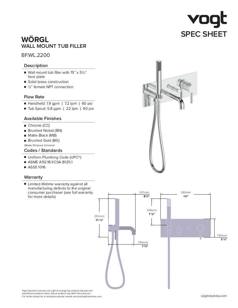 WORGL WALL MOUNT TUB FILLER