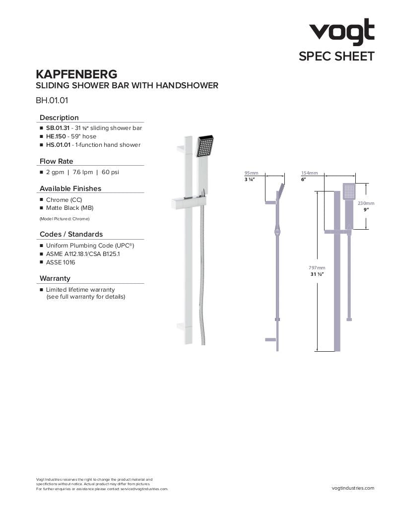 KAPFENBERG SLIDING SHOWER BAR WITH HAND SHOWER