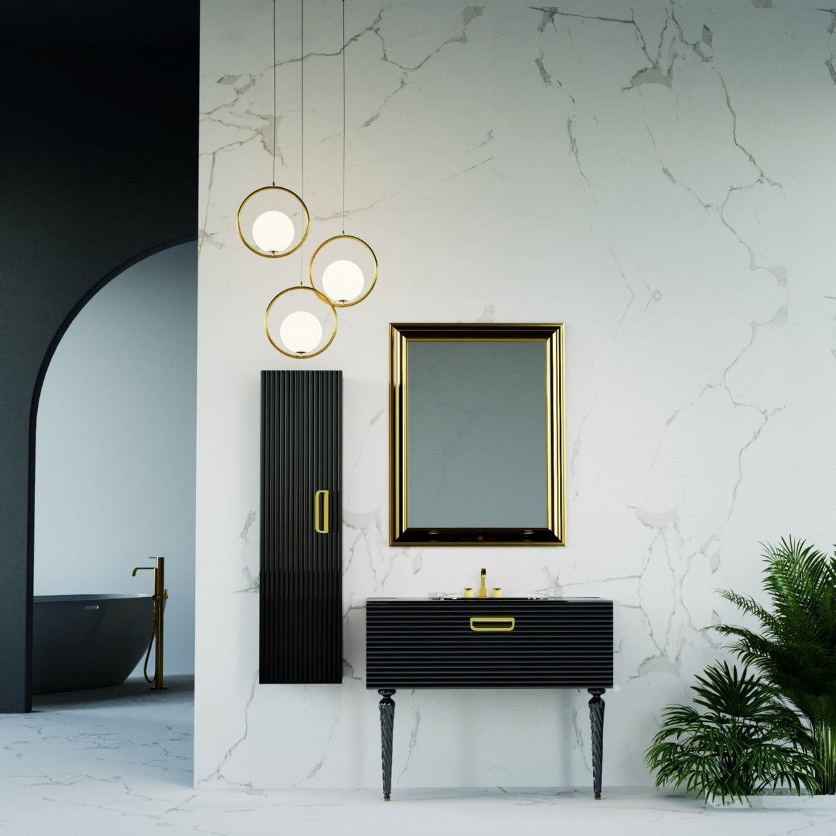 Linea 48 Gold Vanity With White Side Cabinets
