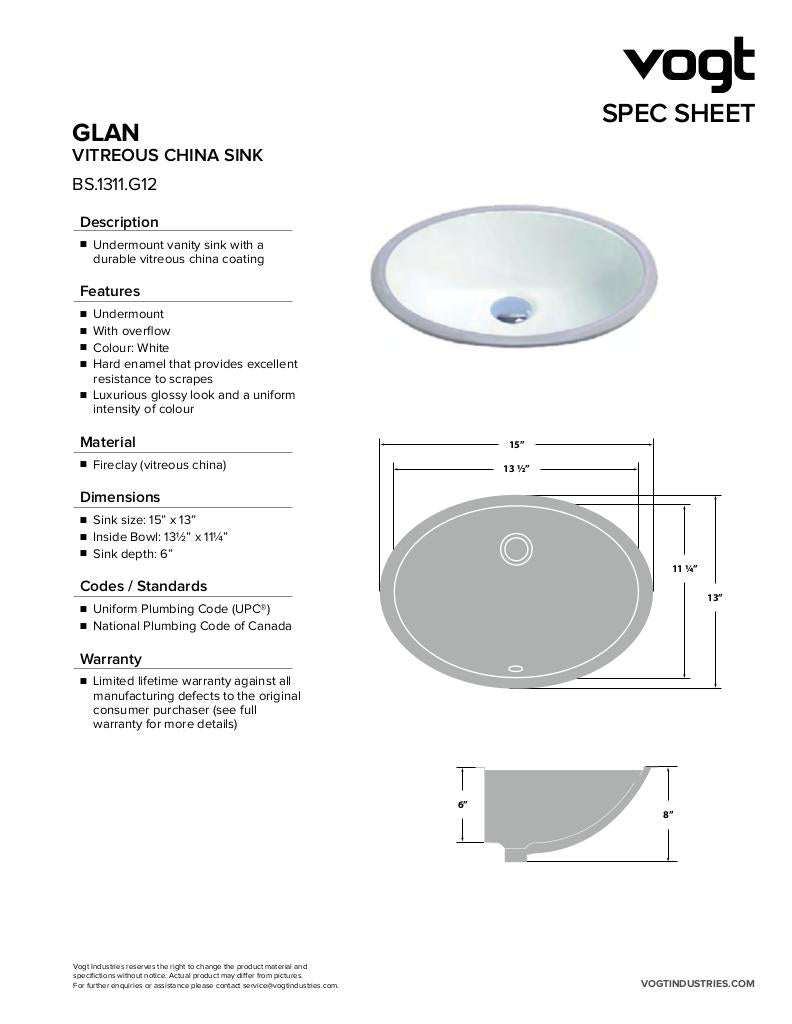 GLAN - VITREOUS CHINA UNDERMOUNT SINK