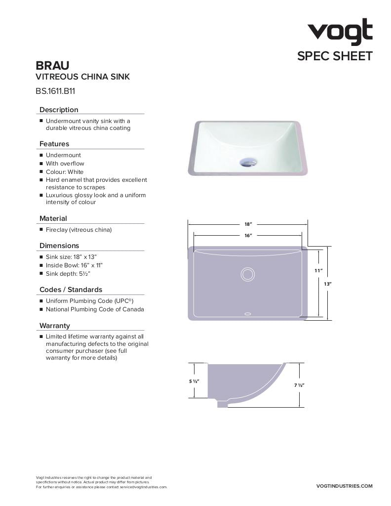 BRAU - VITREOUS CHINA UNDERMOUNT SINK