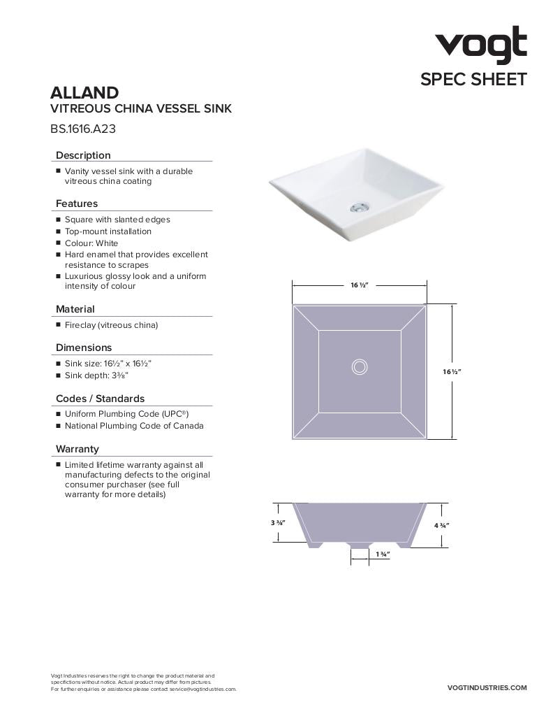 ALLAND VESSEL VITREOUS CHINA SINK