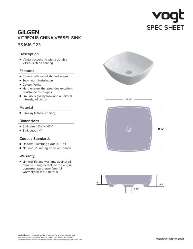 GILGEN VESSEL VITREOUS CHINA SINK