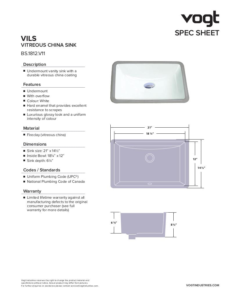 VILS - VITREOUS CHINA UNDERMOUNT SINK