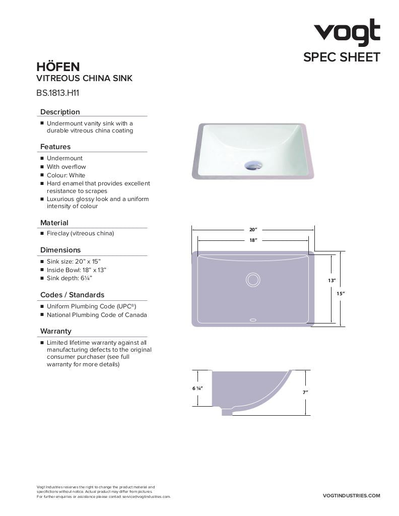 HOFEN - VITREOUS CHINA UNDERMOUNT SINK