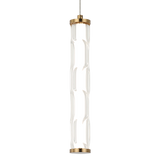 Matteo LED cylinder pendant light with wavy textured glass shade in Aged Gold Brass, close-up