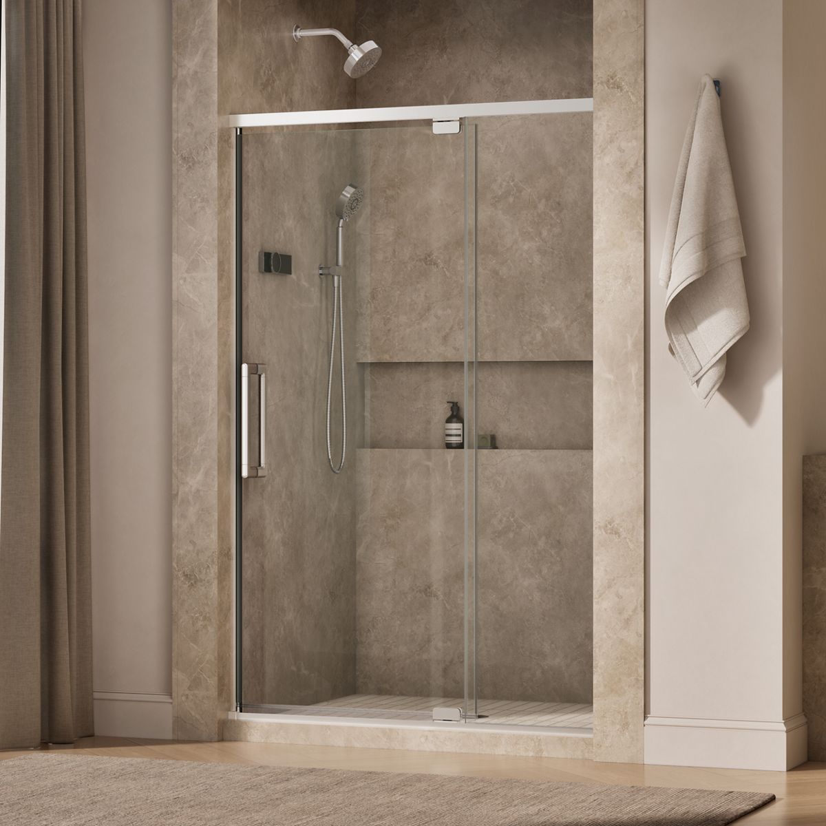 Statement™ 48"-54" W x 76" H pivot shower door with 5/16"-thick Crystal Clear glass