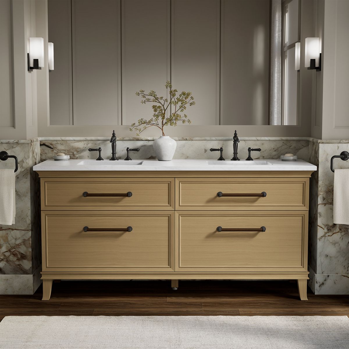 Artifacts™ 72" bathroom vanity cabinet with sinks and quartz top