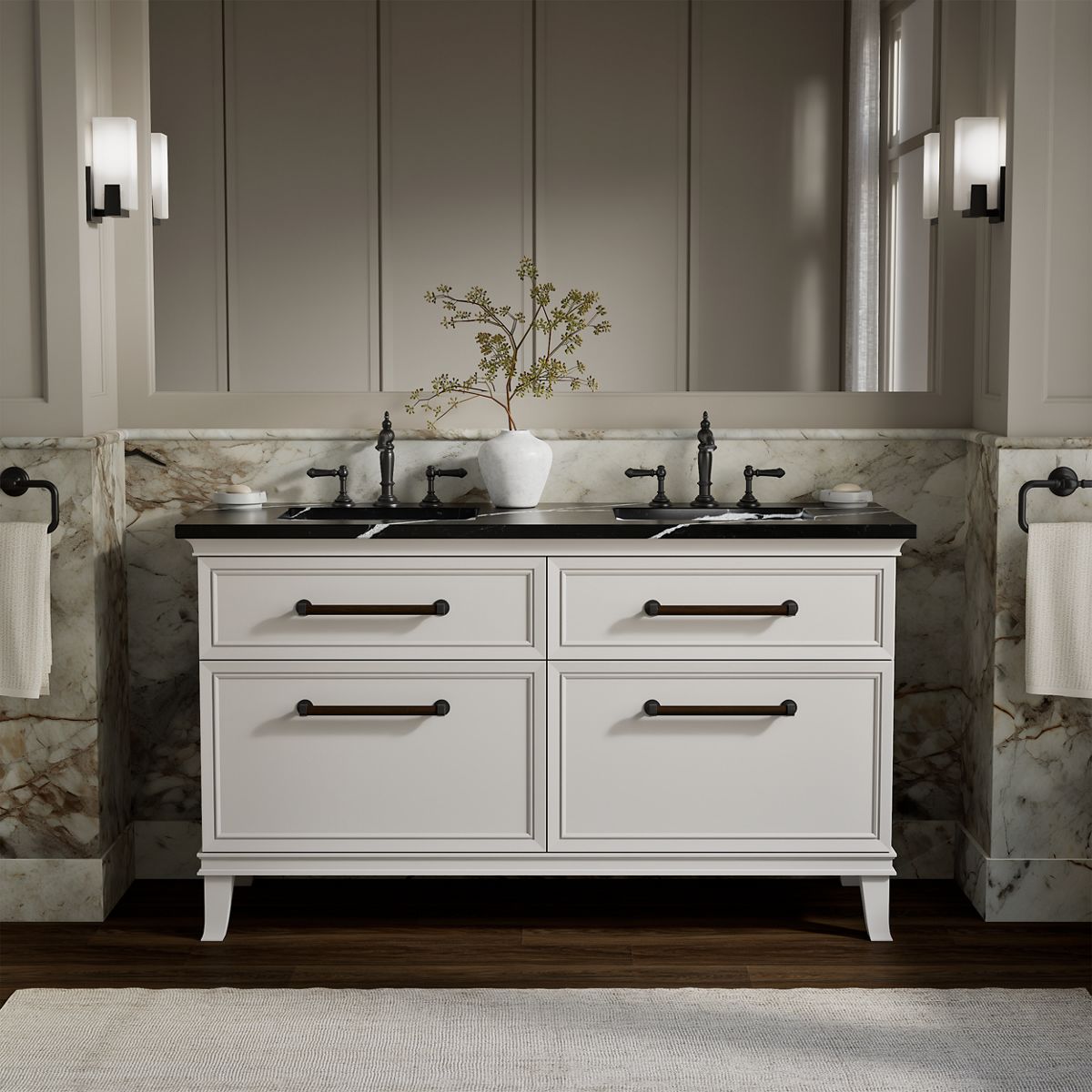 Artifacts™ 60" bathroom vanity cabinet with sinks and quartz top