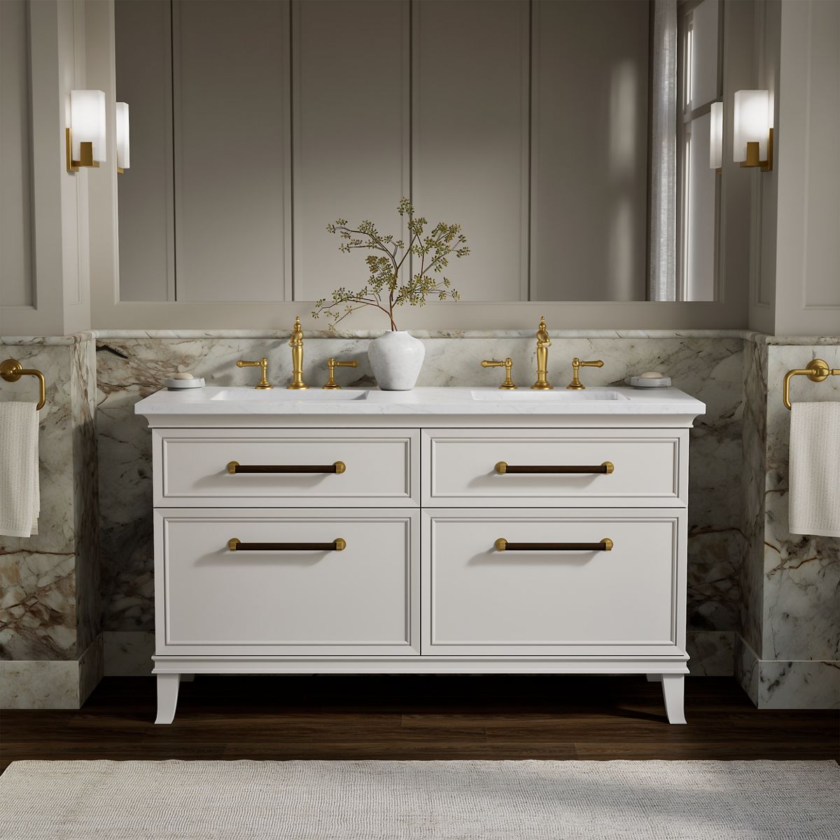 Artifacts™ 60" bathroom vanity cabinet with sinks and quartz top